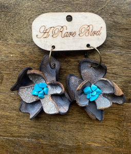 Distressed Genuine Leather Flower turquoise Earrings