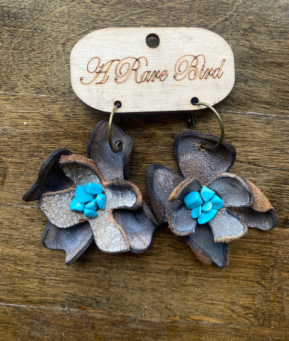 Distressed Genuine Leather Flower turquoise Earrings