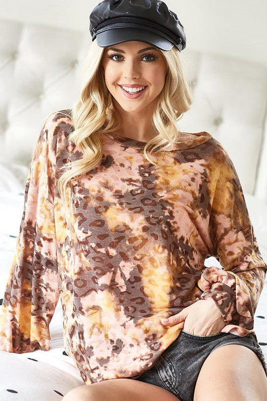 TIE DYE LEOPARD BURNOUT PRINT TERRY TOP WITH BUBBLE SLEEVES
