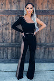 Black Asymmetric Mesh Cutout Rhinestone Jumpsuit