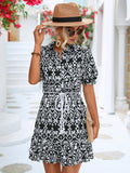 Tie Waist Collared Flounce Sleeve Dress