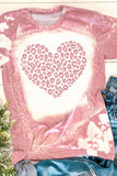 Pink Leopard Heart Shaped Bleached Print Short Sleeve T Shirt