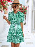 Tie Waist Collared Flounce Sleeve Dress