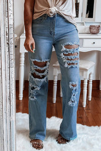 High Waist Ripped Flare Leg Jeans