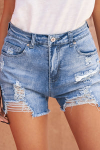 Blue High Rise Destroyed Denim Short