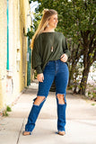 Mid Rise Tea Raw Ripped Straight Leg Jean