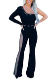 Black Asymmetric Mesh Cutout Rhinestone Jumpsuit