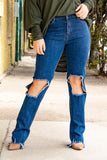 Mid Rise Tea Raw Ripped Straight Leg Jean