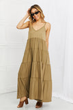 Spaghetti Strap Tiered Dress with Pockets in Khaki