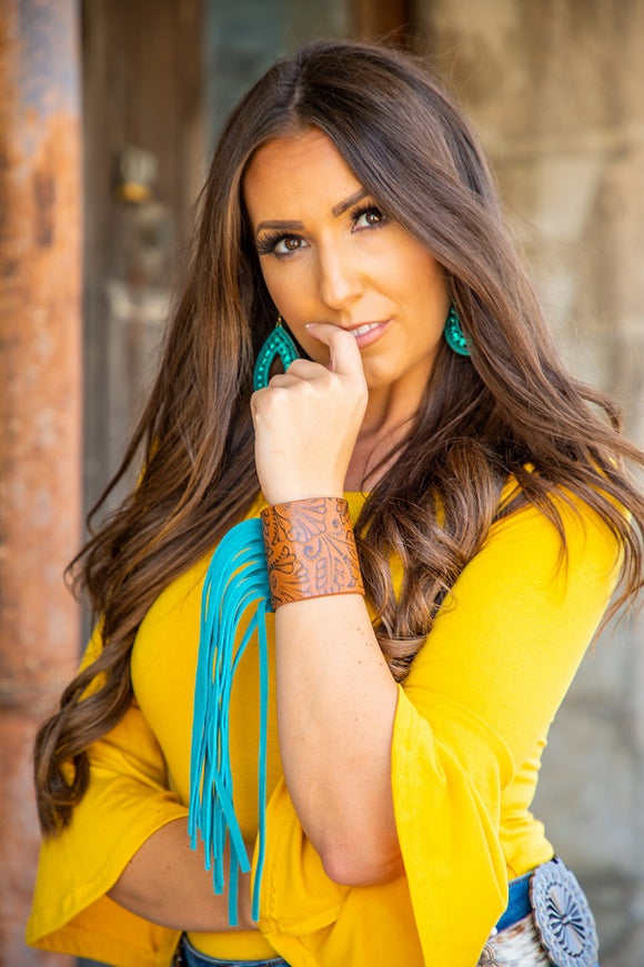 TURQUOISE BROWN TOOLED LEATHER FRINGE CUFF