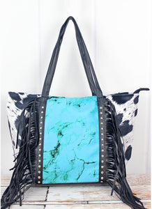 Cow and Marble Fringe Tote