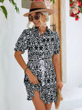 Tie Waist Collared Flounce Sleeve Dress