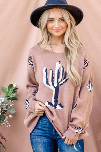 Cactus Pattern Taupe Sweater