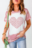 Pink Leopard Heart Shaped Bleached Print Short Sleeve T Shirt