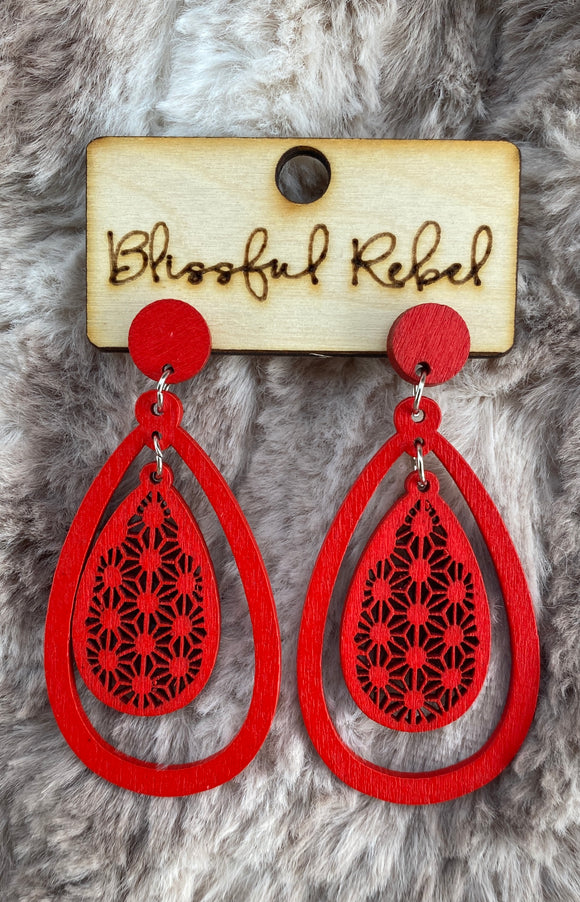 Wooden Boho Red Teardrop Earrings