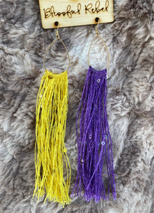 Long Fringe Purple & Gold Earrings