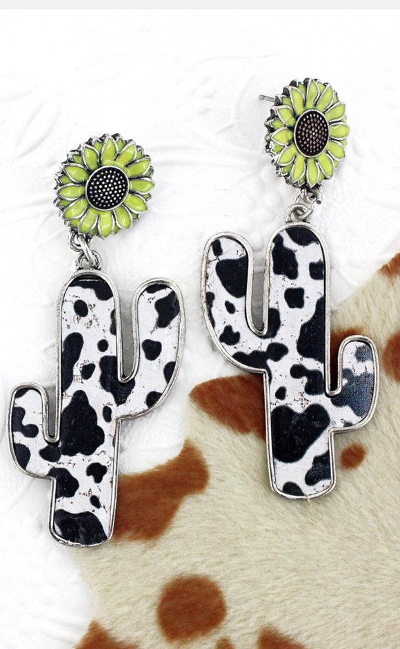 Sunflower Cactus Cow Earrings