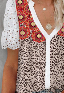 Leopard Hollow-Out Sleeves Shirt