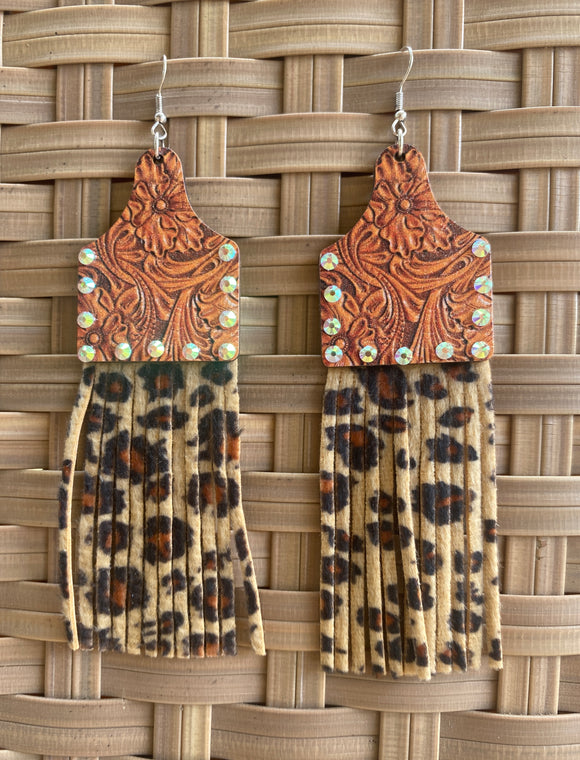 Cow Tag Tooled Leopard Tassel Earrings