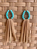 Turquoise Beaded Loop Faux Suede Tassel Earrings