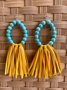 Turquoise Bead Loop Suede Tassel Earrings