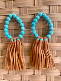 Turquoise Bead Loop Suede Tassel Earrings