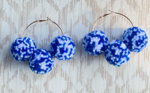 Pom Pom Triple Hoop Earrings - Blue & White