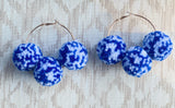 Pom Pom Triple Hoop Earrings - Blue & White