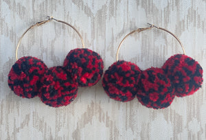 Pom Pom triple Hoop Earrings Black & Red