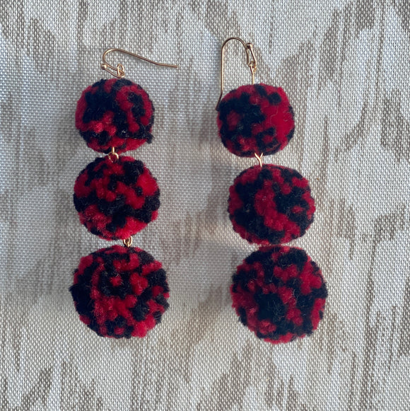 Pom Pom Triple drop Earrings Red & Black