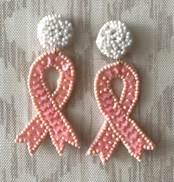 Pink Ribbon Seed Bead Earrings