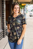 Vintage Camo V-Neck Short Sleeve Top With Curved Hem