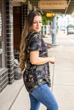 Vintage Camo V-Neck Short Sleeve Top With Curved Hem