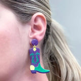 PREORDER: Mardi Gras Cowboy Boots Dangle Earrings