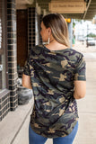 Vintage Camo V-Neck Short Sleeve Top With Curved Hem