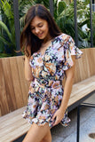 Floral Tie Belt Ruffled Romper