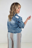 Pearl Embellished Ripped Button Down Denim Jacket