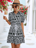 Tie Waist Collared Flounce Sleeve Dress