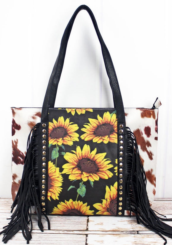 Sunflower & Cow Fringe Tote