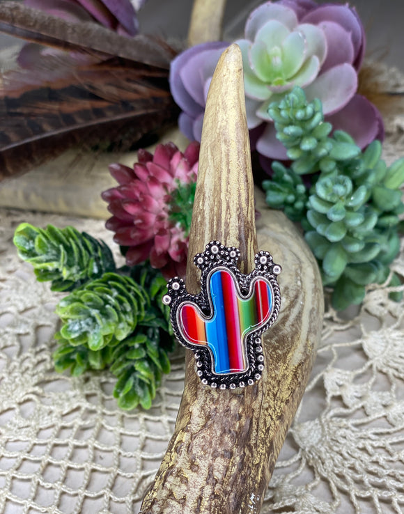 Serape Cactus Silvertone Adjustable Ring