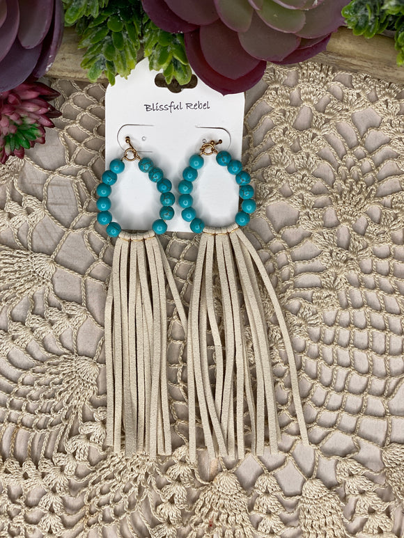 Turquoise Beaded Loop Faux Suede Tassel Earrings