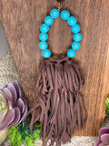 Turquoise Beaded Hoop with Brown Suede Fringe Necklaces