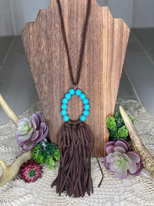 Turquoise Beaded Hoop with Brown Suede Fringe Necklaces