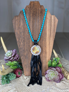 Turquoise Sunflower Embellishment Suede Fringe Bead Necklace