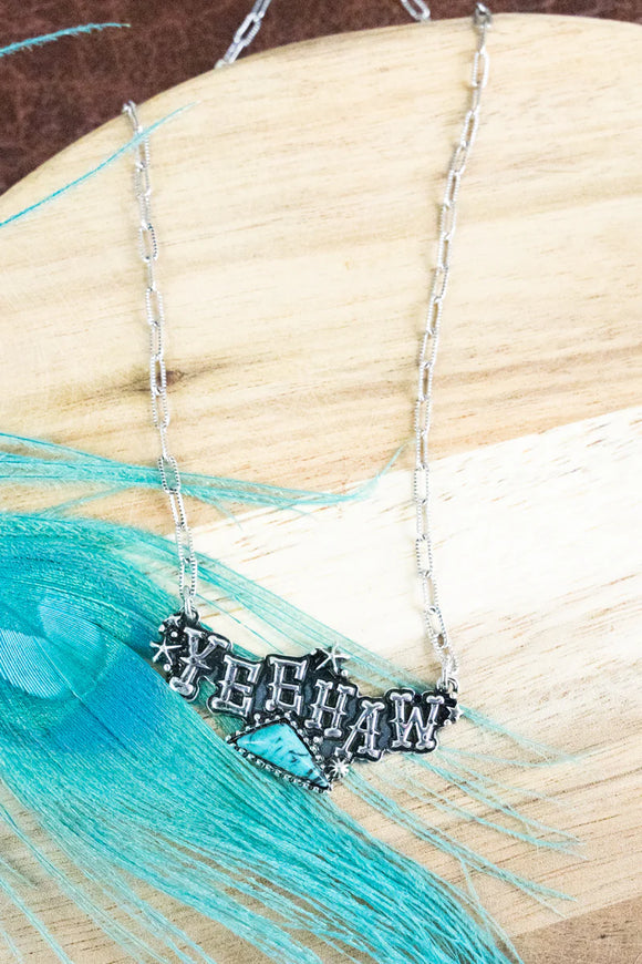 SILVERTONE AND TURQUOISE STONE 'YEEHAW' NECKLACE